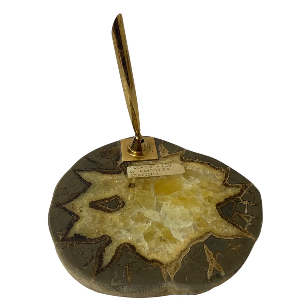 Vtg Utah Septarian Nodule Dragon‎ Stone Desk Pen Holder Base Sheaffer Gold Tone